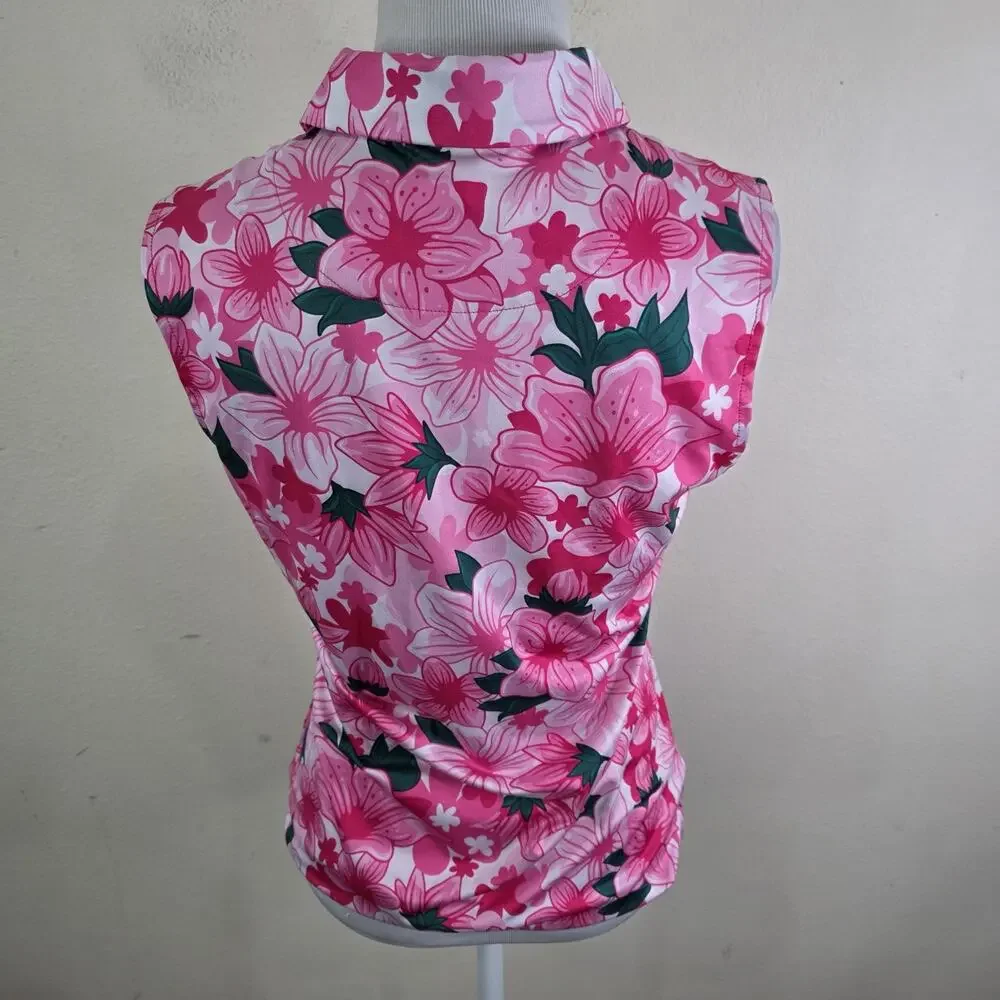Pins & Aces Augusta Azaleas Sleeveless Polo Golf Shirt Size Small Pink Green - Picture 6 of 8